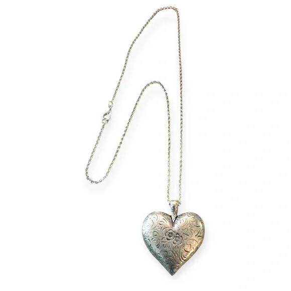 Vintage Oversized Etched Puffy Heart Pendant Necklace in Silver, 23” Long - Picture 1 of 6